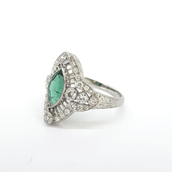 Columbian Emerald and Diamond Navette Cluster Ring
