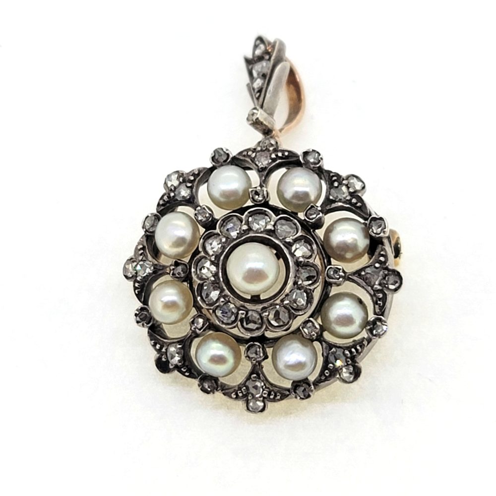 Victorian Antique Natural Pearl and Diamond Pendant come Brooch, set with diamonds and natural pearls with diamond set bail