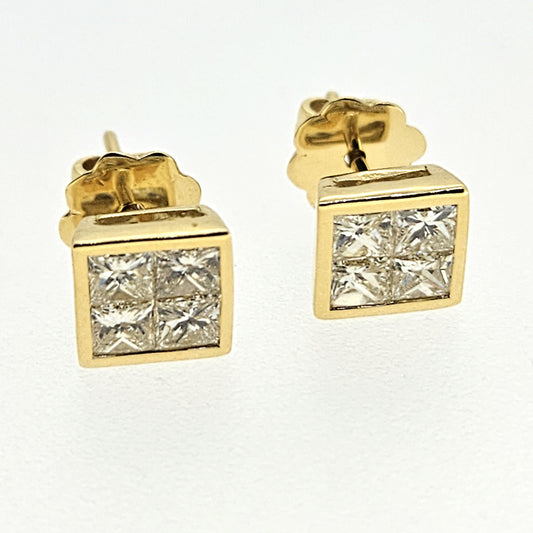 1.52ct Square Princess Cut Diamond Stud Earrings in 18ct Yellow Gold