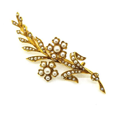 Antique Gold and Pearl Spray Brooch; elegant antique floral and leaf spray brooch crafted from yellow gold and set with pearls