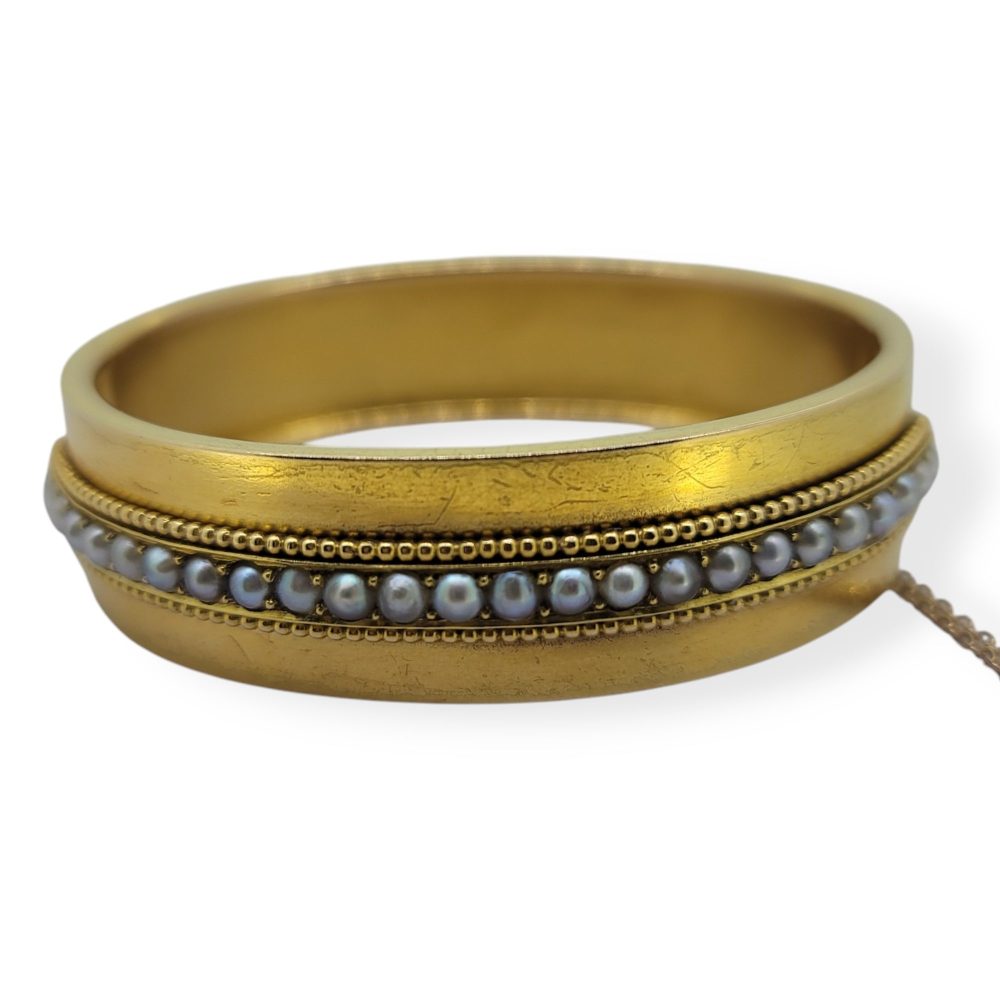 Victorian Antique Pearl and Gold Bangle Bracelet in Fitted Boxed, striking wide gold bangle set with a central row of pearls accented with gold beading