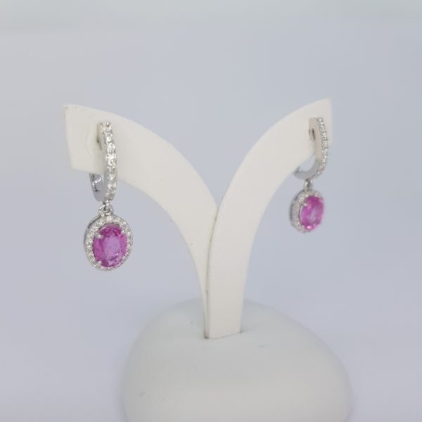 Pink Sapphire and Diamond Oval Cluster Drop Earrings. PS 2.01cts, D 0.41cts