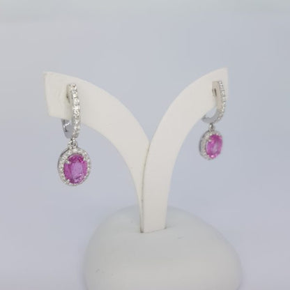 Pink Sapphire and Diamond Oval Cluster Drop Earrings. PS 2.01cts, D 0.41cts