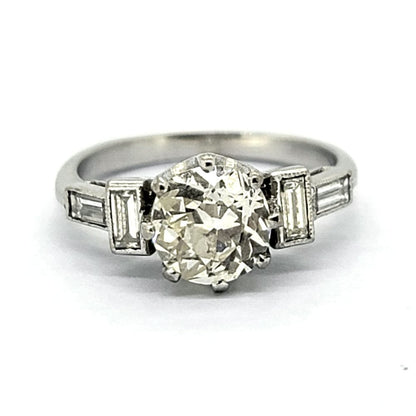 Art Deco 1.36ct Old Cut Diamond Solitaire Engagement Ring with Baguette Diamond Shoulders