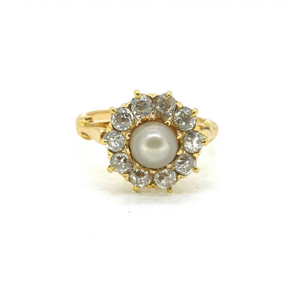 Antique Victorian Natural Pearl and Old Cut Diamond Cluster Ring