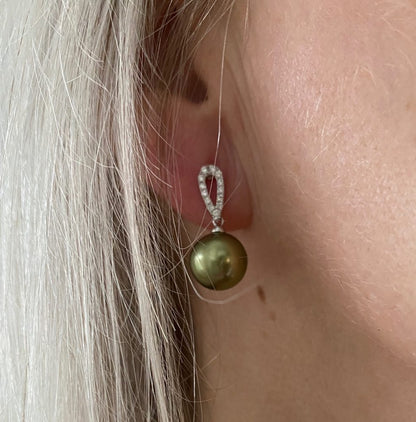 Pistachio Tahitian Pearl and Diamond Drop Earrings