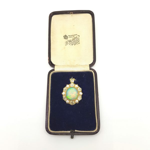 Antique Victorian Opal, Pearl and Old Cut Diamond Cluster Pendant in 18ct Yellow Gold