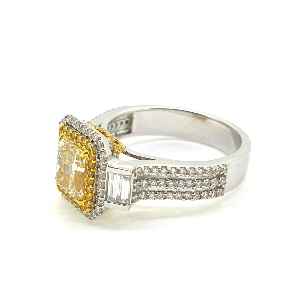 Contemporary 1.04ct Asscher Cut Yellow Diamond Cluster Ring, 2.42 carat total