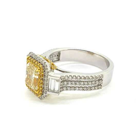 Contemporary 1.04ct Asscher Cut Yellow Diamond Cluster Ring, 2.42 carat total