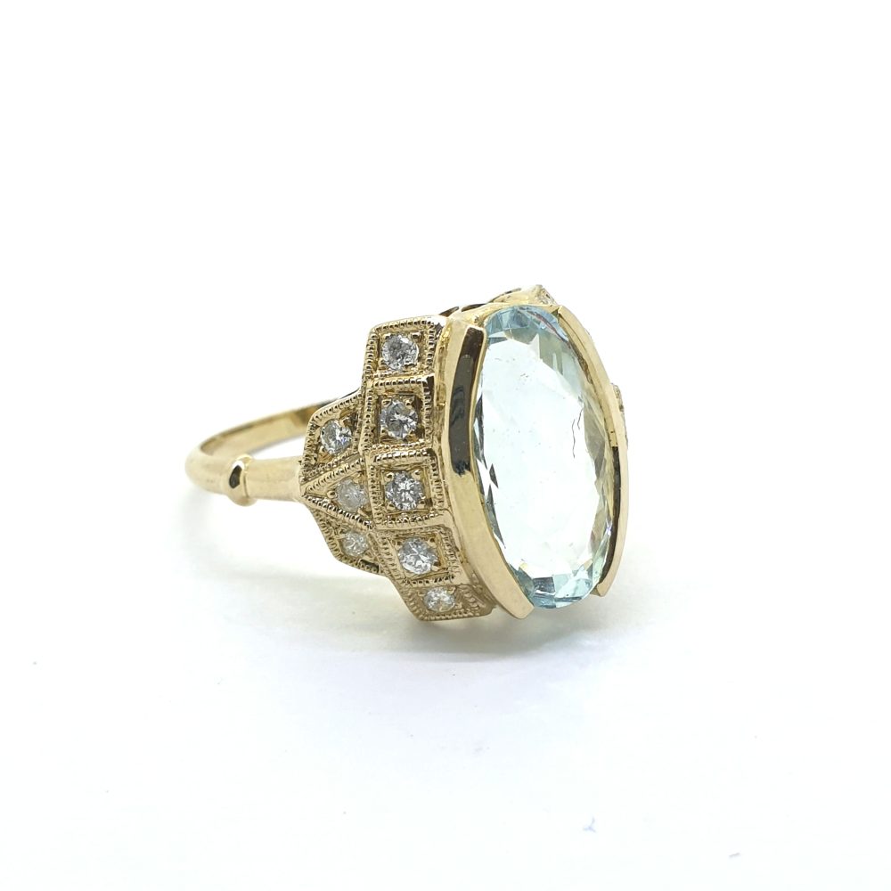 Contemporary Aquamarine and Diamond Cluster Dress Ring in 18ct Yellow Gold