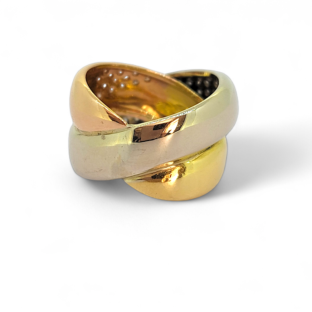 2ct Diamond Set Tricolour Gold Crossover Ring, wide band crossover ring crafted in 18ct white, yellow and rose gold set with 2 carats of round brilliant-cut diamonds
