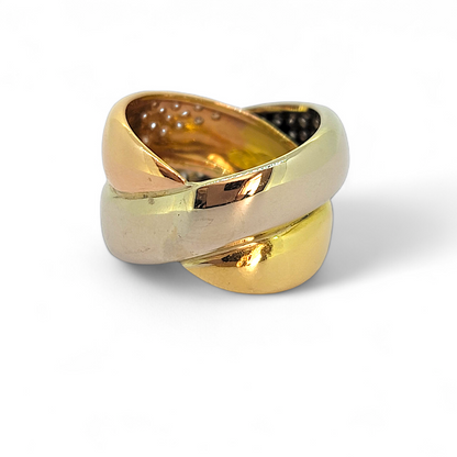 2ct Diamond Set Tricolour Gold Crossover Ring, wide band crossover ring crafted in 18ct white, yellow and rose gold set with 2 carats of round brilliant-cut diamonds