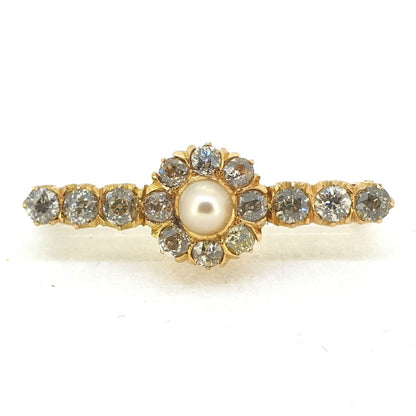 Antique French 1.30ct Old Cut Diamond and Natural Pearl Cluster Bar Brooch in 15ct Gold