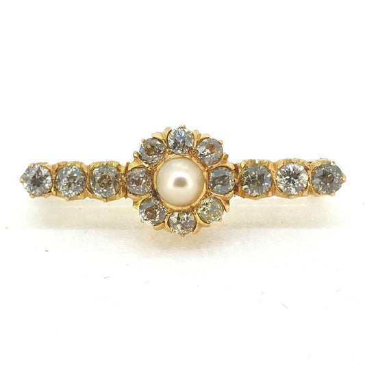 Antique French 1.30ct Old Cut Diamond and Natural Pearl Cluster Bar Brooch in 15ct Gold