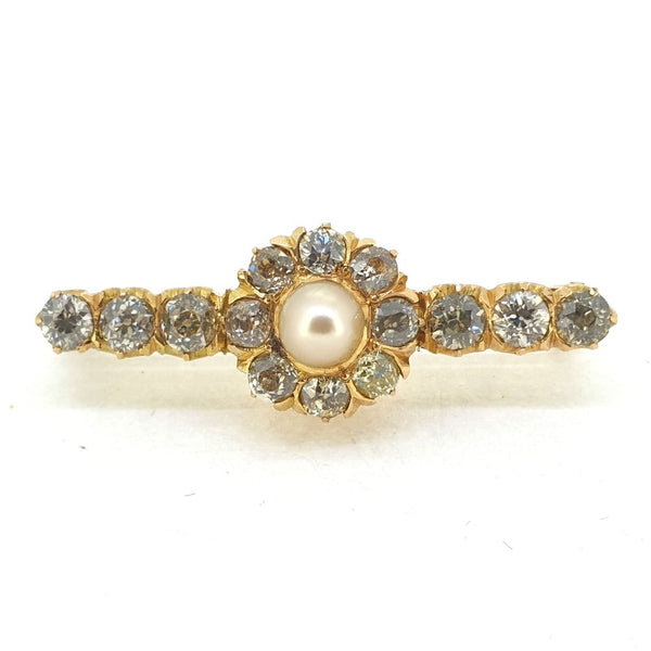 Antique French 1.30ct Old Cut Diamond and Natural Pearl Cluster Bar Brooch in 15ct Gold