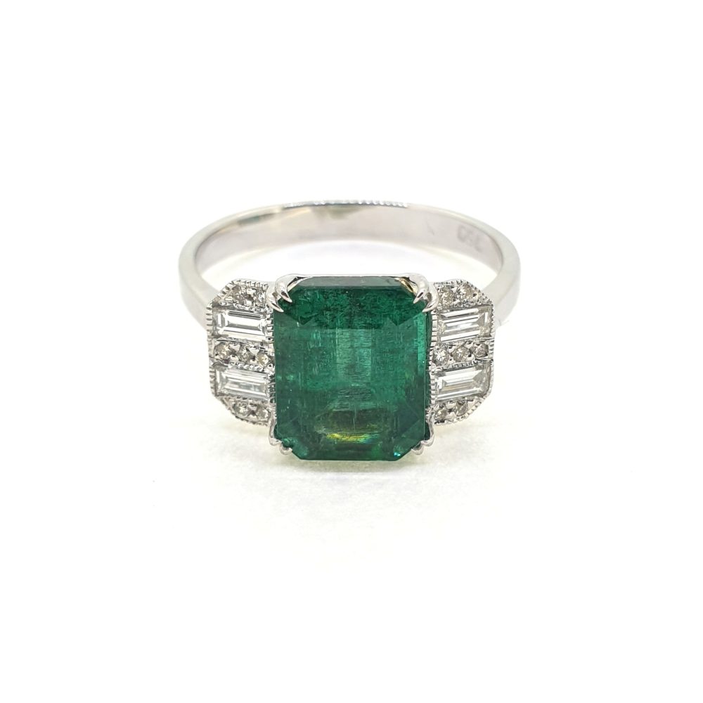 Contemporary 2.85ct Emerald and Diamond Three Stone Engagement Ring