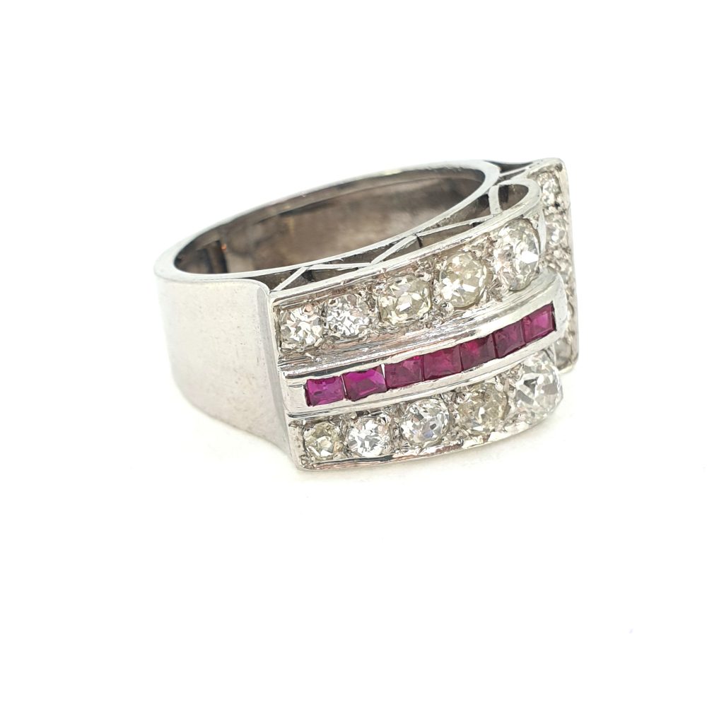 Vintage 1940s Retro Ruby and Old Cut Diamond Cluster Dress Ring in Platinum