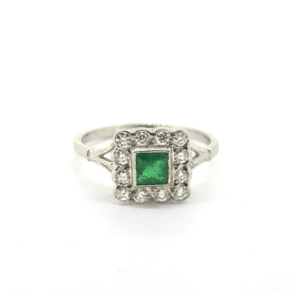 Edwardian Style Vintage Emerald and Diamond Cluster Ring in Platinum, Circa 1970s