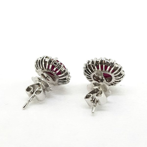 Ruby and Diamond Oval Cluster Stud Earrings in 18ct White Gold