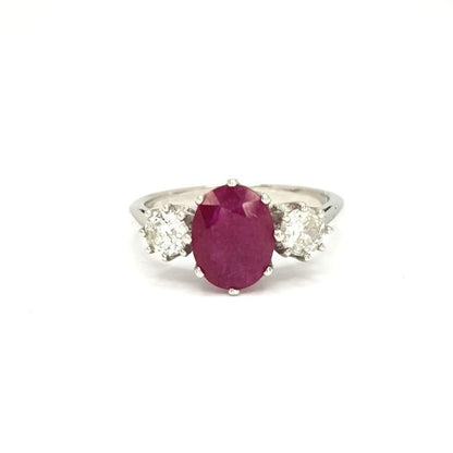 Ruby and Diamond Three Stone Ring in 18ct White Gold, 1.90 carats