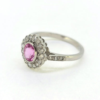 0.80ct Pink Sapphire and Diamond Cluster Engagement Ring in Platinum