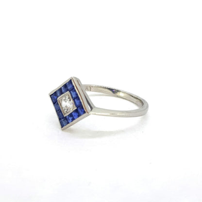 Contemporary Sapphire and Old Cut Diamond Cluster Ring in Platinum