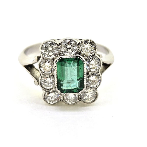 1ct Emerald and Diamond Floral Cluster Ring in Platinum