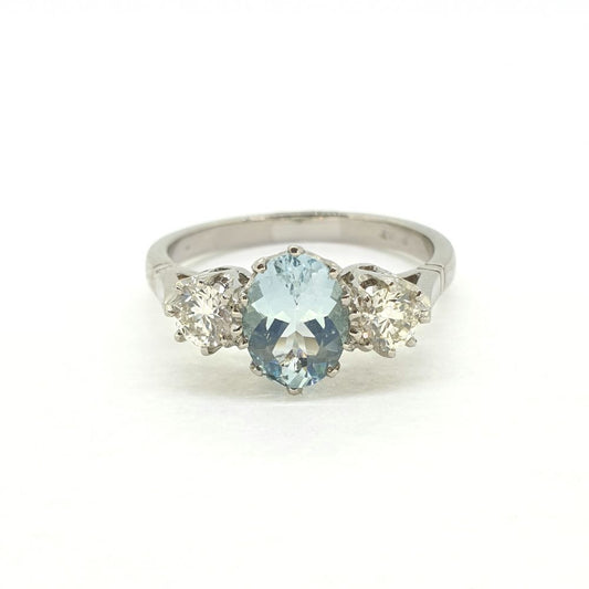 1.10ct Aquamarine and Diamond Three Stone Engagement Ring