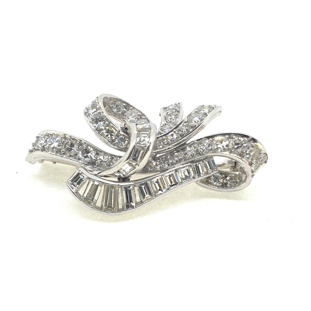 Vintage Retro 2ct Diamond Bow Spray Brooch, Circa 1950s