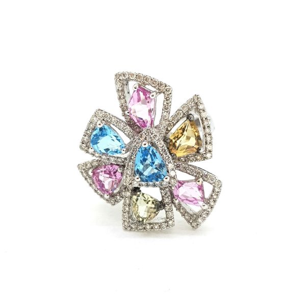 Abstract Multi Coloured Topaz and Diamond Cocktail Ring