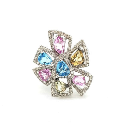 Abstract Multi Coloured Topaz and Diamond Cocktail Ring