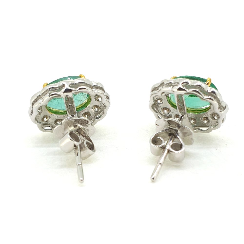2.40ct Oval Emerald and Diamond Cluster Stud Earrings