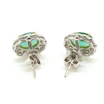 2.40ct Oval Emerald and Diamond Cluster Stud Earrings