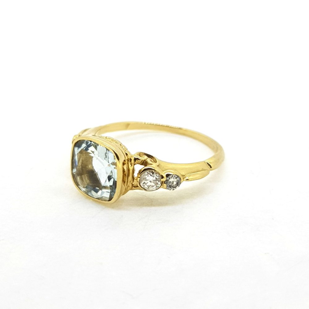 Modern 1.60ct Cushion Cut Aquamarine and Diamond Dress Ring in 18ct Yellow Gold