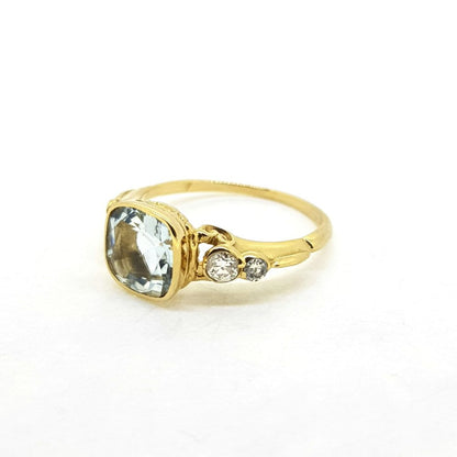 Modern 1.60ct Cushion Cut Aquamarine and Diamond Dress Ring in 18ct Yellow Gold