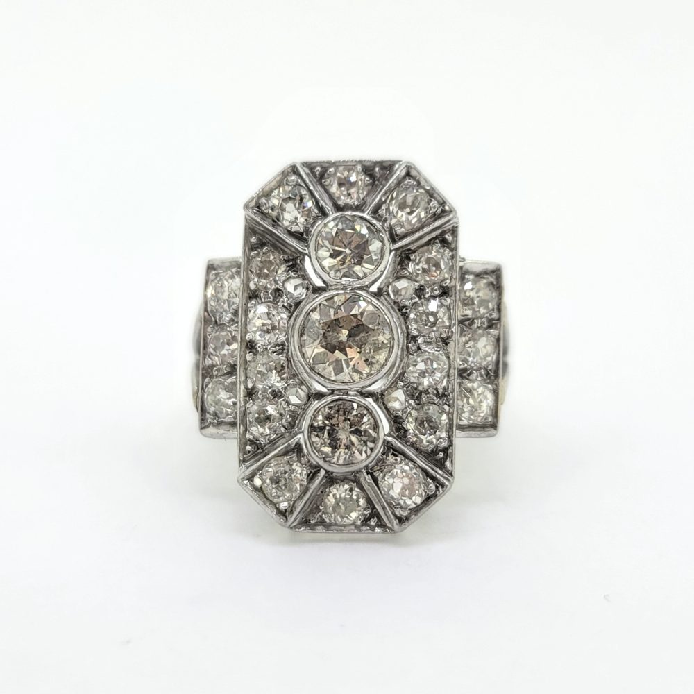 Art Deco Three Stone Diamond Cluster Panel Ring