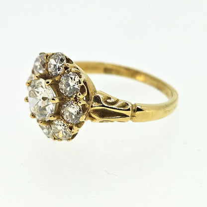 18 Carat Yellow Gold Old-Cut Diamond Daisy Cluster Ring, 2.00 Carats