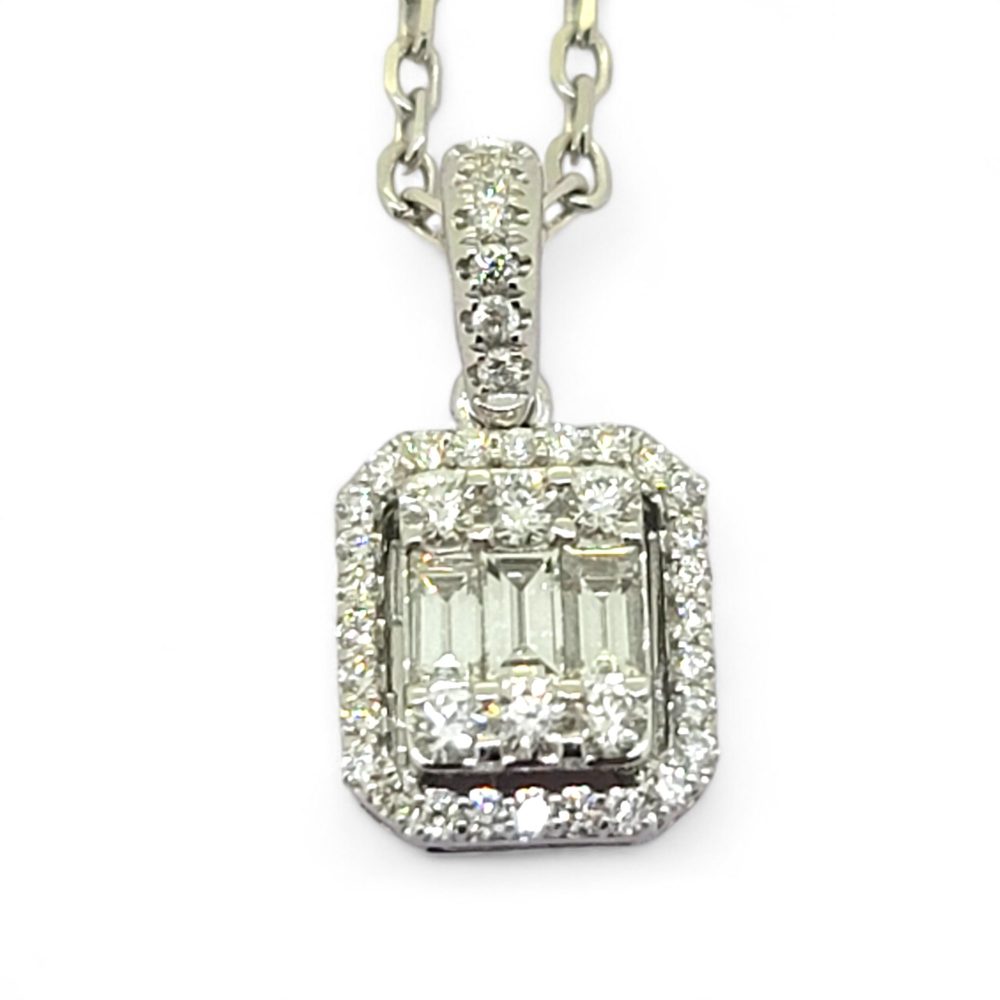 Baguette and Brilliant Diamond Cluster Pendant with Chain, central baguette-cut diamonds surrounded by brilliant-cut diamonds to a diamond-set bail in 18ct white gold
