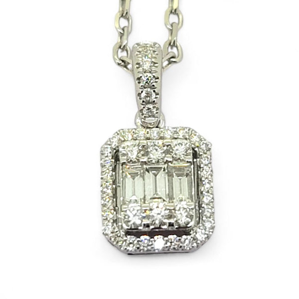 Baguette and Brilliant Diamond Cluster Pendant with Chain, central baguette-cut diamonds surrounded by brilliant-cut diamonds to a diamond-set bail in 18ct white gold
