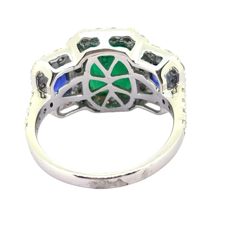 3.28ct Emerald Sapphire and Diamond Triple Cluster Ring, three stone emerald flanked by sapphires within diamond surrounds in 18ct white gold