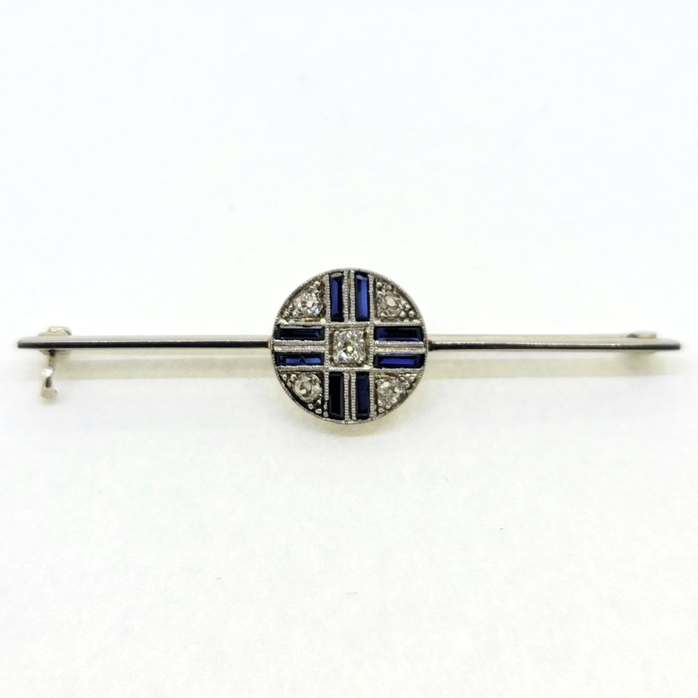 Sapphire and Diamond Circle Cluster Bar Brooch in Platinum