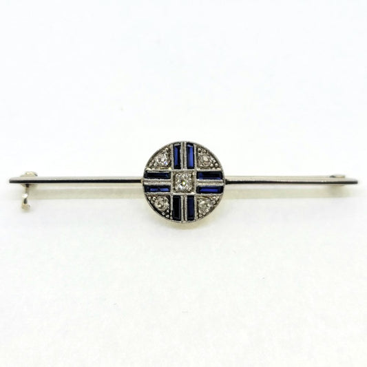 Sapphire and Diamond Circle Cluster Bar Brooch in Platinum