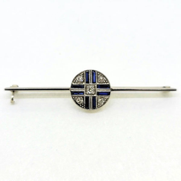 Sapphire and Diamond Circle Cluster Bar Brooch in Platinum