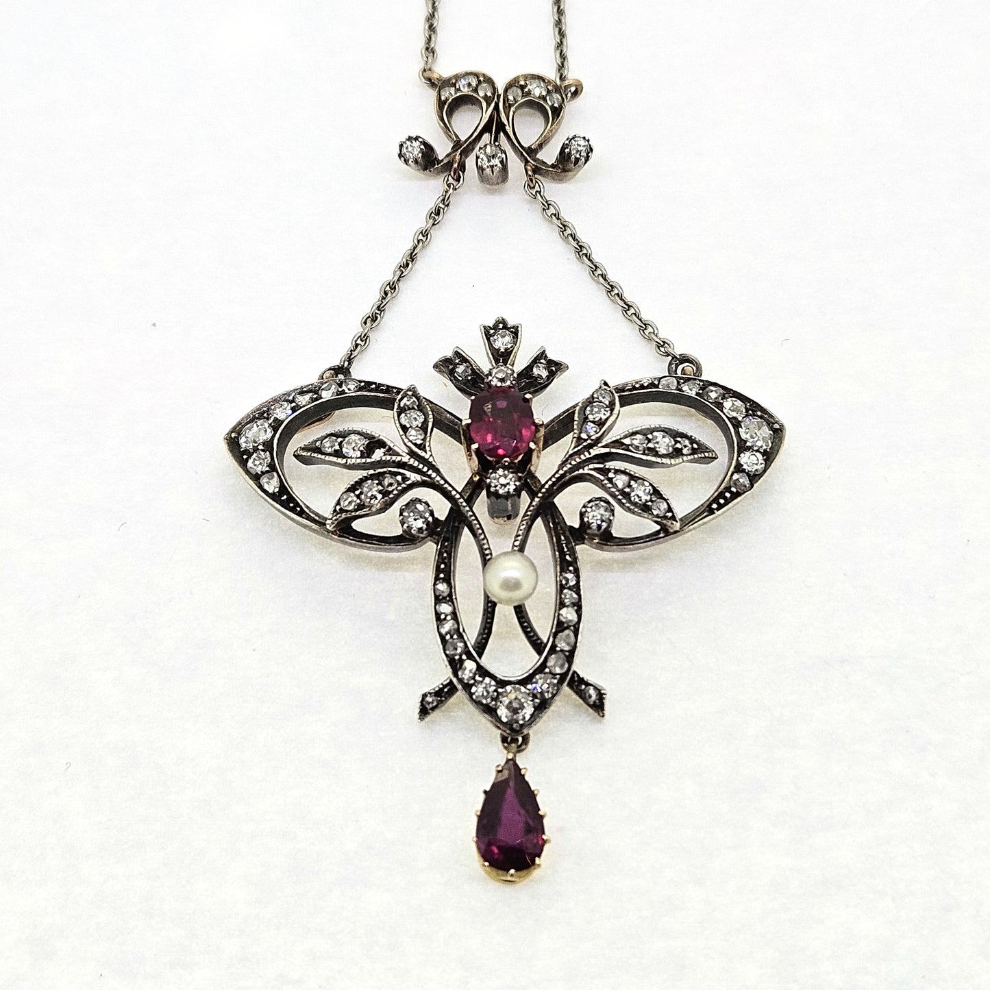 Edwardian Ruby Diamond and Natural Pearl Pendant