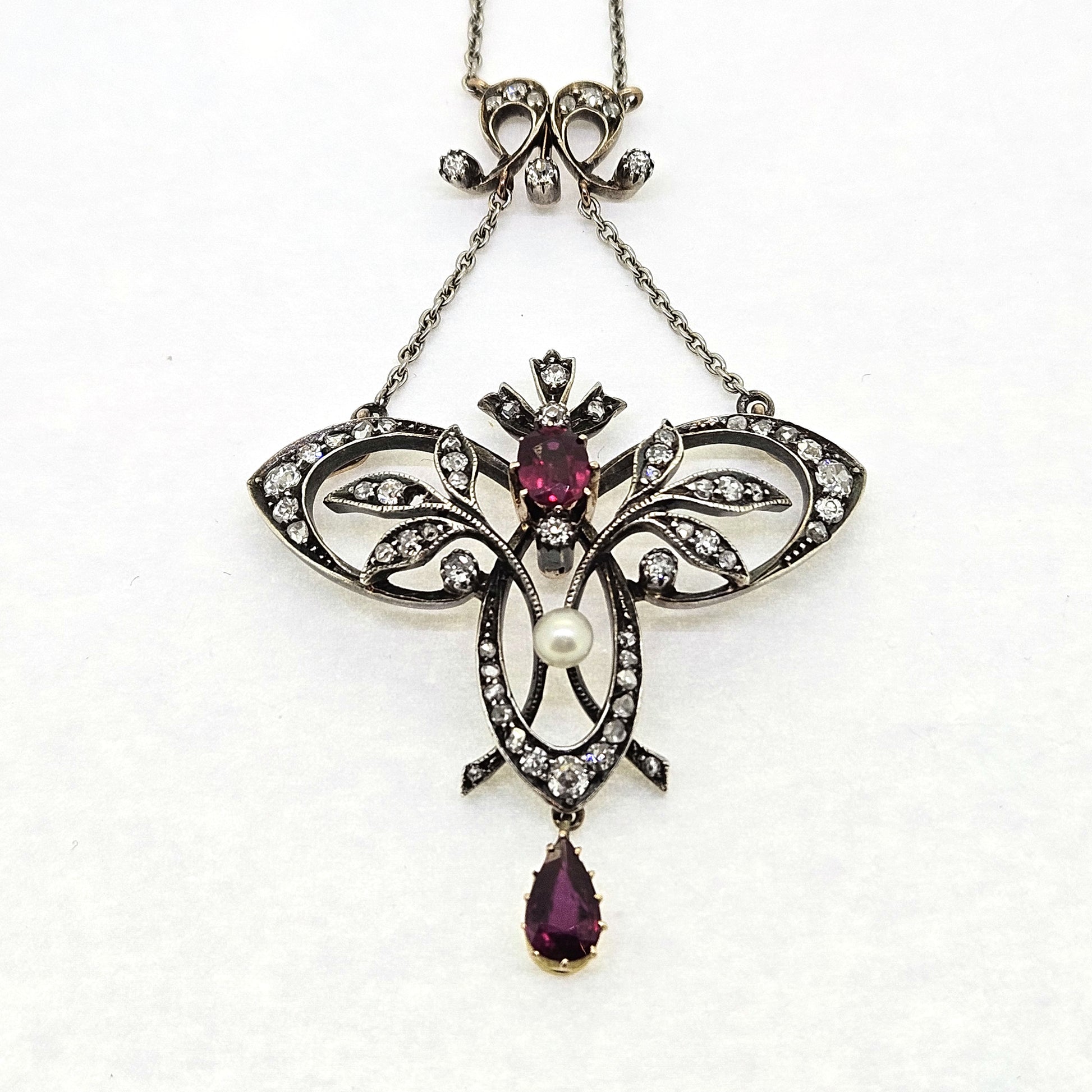Edwardian Ruby Diamond and Natural Pearl Pendant