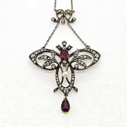 Edwardian Ruby Diamond and Natural Pearl Pendant
