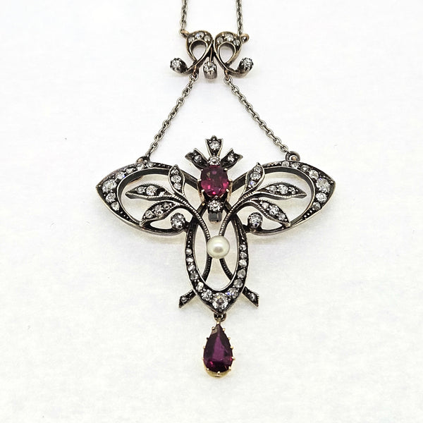Edwardian Ruby Diamond and Natural Pearl Pendant