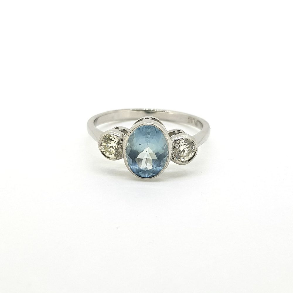 1.10ct Oval Aquamarine and Diamond Three Stone Ring
