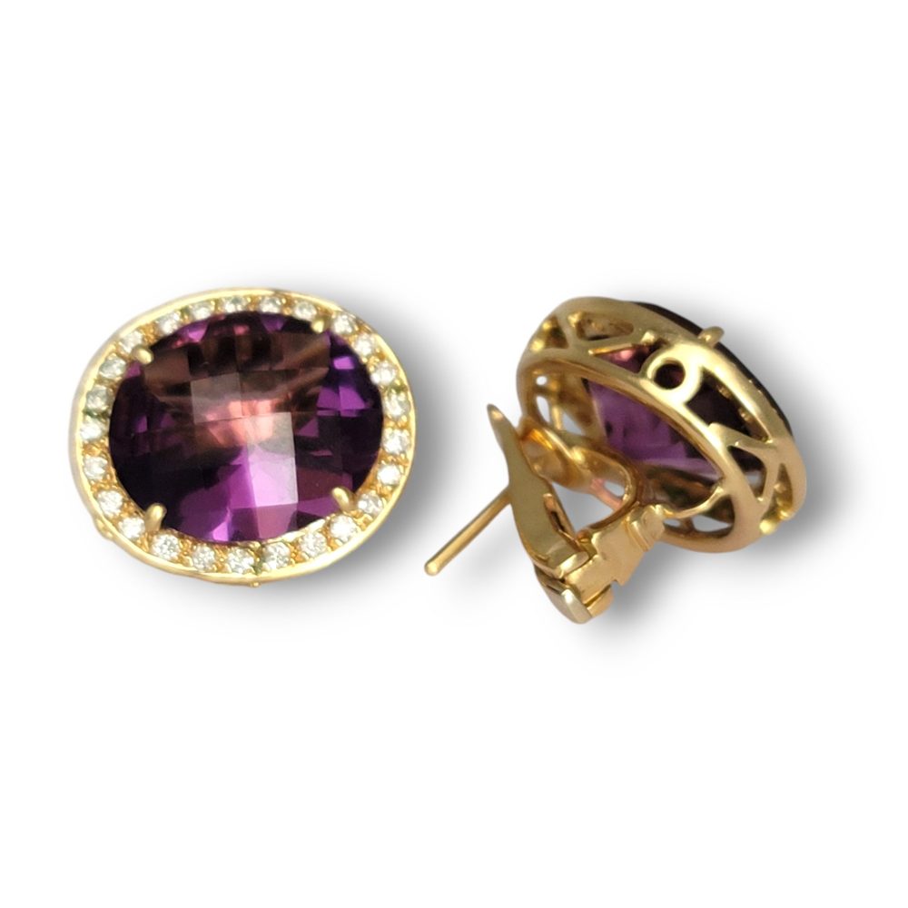 Amethyst and Diamond Halo Cluster Stud Earrings, oval purple amethysts surrounded by halos of sparkling diamonds in 18ct yellow gold