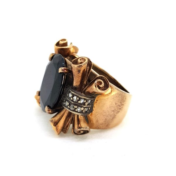 Antique Garnet and Gold Dress Ring with Scroll Shoulders